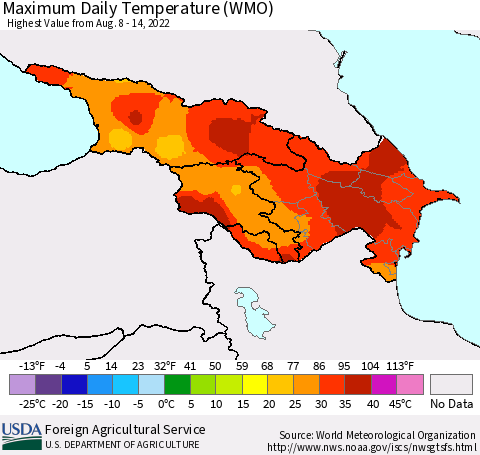 Azerbaijan, Armenia and Georgia Maximum Daily Temperature (WMO) Thematic Map For 8/8/2022 - 8/14/2022
