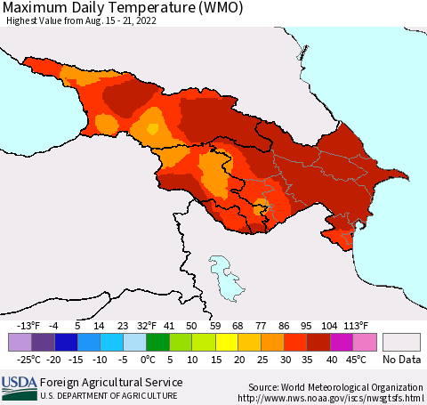 Azerbaijan, Armenia and Georgia Maximum Daily Temperature (WMO) Thematic Map For 8/15/2022 - 8/21/2022