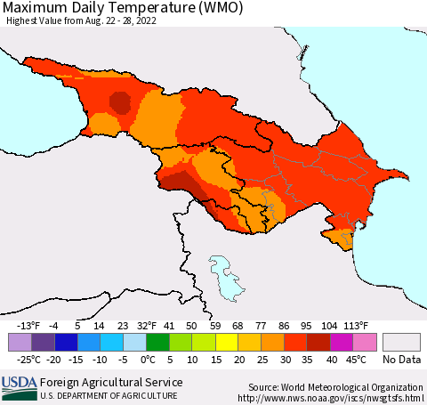 Azerbaijan, Armenia and Georgia Maximum Daily Temperature (WMO) Thematic Map For 8/22/2022 - 8/28/2022