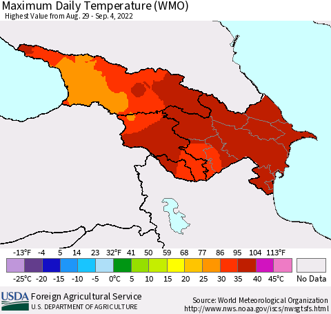 Azerbaijan, Armenia and Georgia Maximum Daily Temperature (WMO) Thematic Map For 8/29/2022 - 9/4/2022