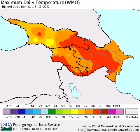 Azerbaijan, Armenia and Georgia Maximum Daily Temperature (WMO) Thematic Map For 9/5/2022 - 9/11/2022