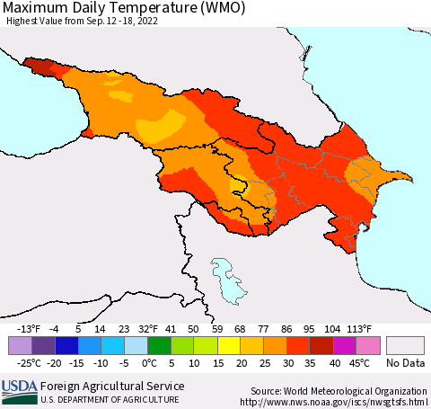 Azerbaijan, Armenia and Georgia Maximum Daily Temperature (WMO) Thematic Map For 9/12/2022 - 9/18/2022