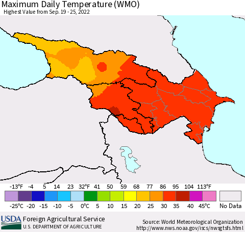 Azerbaijan, Armenia and Georgia Maximum Daily Temperature (WMO) Thematic Map For 9/19/2022 - 9/25/2022