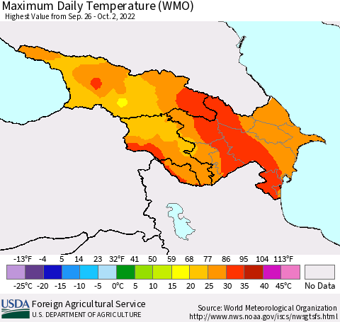 Azerbaijan, Armenia and Georgia Maximum Daily Temperature (WMO) Thematic Map For 9/26/2022 - 10/2/2022