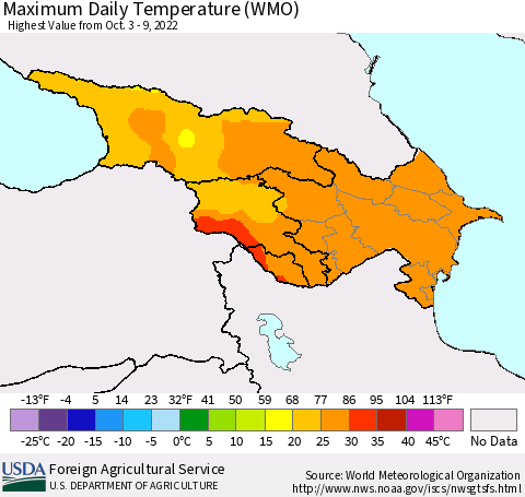 Azerbaijan, Armenia and Georgia Maximum Daily Temperature (WMO) Thematic Map For 10/3/2022 - 10/9/2022