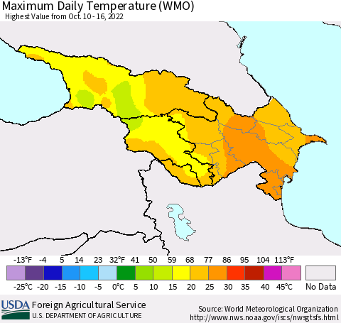 Azerbaijan, Armenia and Georgia Maximum Daily Temperature (WMO) Thematic Map For 10/10/2022 - 10/16/2022