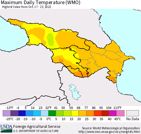 Azerbaijan, Armenia and Georgia Maximum Daily Temperature (WMO) Thematic Map For 10/17/2022 - 10/23/2022