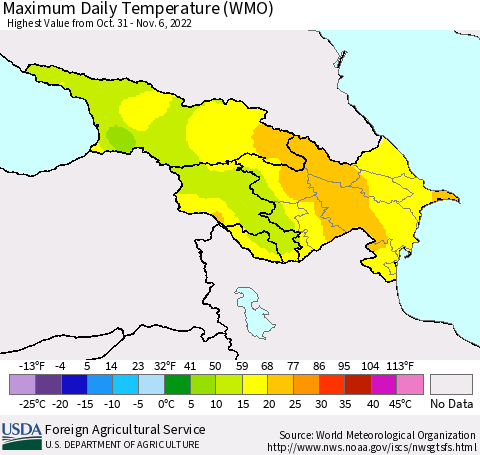 Azerbaijan, Armenia and Georgia Maximum Daily Temperature (WMO) Thematic Map For 10/31/2022 - 11/6/2022