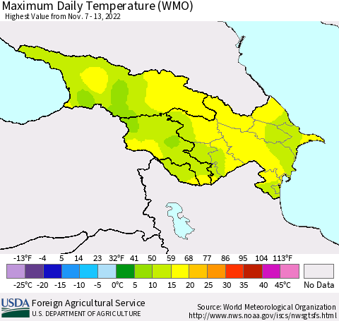 Azerbaijan, Armenia and Georgia Maximum Daily Temperature (WMO) Thematic Map For 11/7/2022 - 11/13/2022
