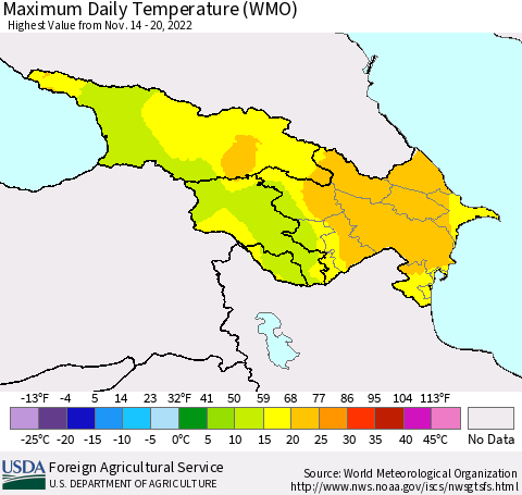 Azerbaijan, Armenia and Georgia Maximum Daily Temperature (WMO) Thematic Map For 11/14/2022 - 11/20/2022