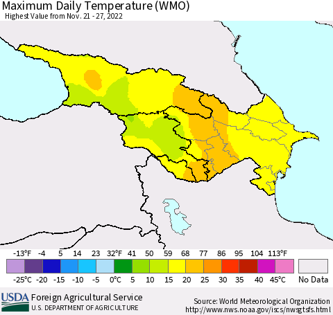 Azerbaijan, Armenia and Georgia Maximum Daily Temperature (WMO) Thematic Map For 11/21/2022 - 11/27/2022