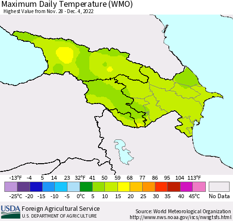 Azerbaijan, Armenia and Georgia Maximum Daily Temperature (WMO) Thematic Map For 11/28/2022 - 12/4/2022