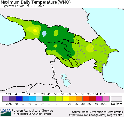Azerbaijan, Armenia and Georgia Maximum Daily Temperature (WMO) Thematic Map For 12/5/2022 - 12/11/2022