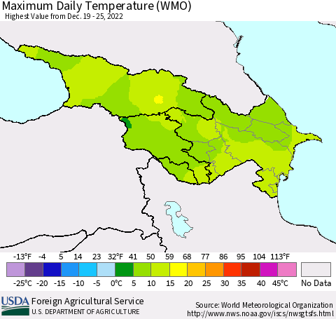 Azerbaijan, Armenia and Georgia Maximum Daily Temperature (WMO) Thematic Map For 12/19/2022 - 12/25/2022