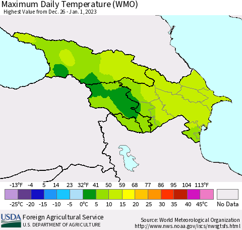 Azerbaijan, Armenia and Georgia Maximum Daily Temperature (WMO) Thematic Map For 12/26/2022 - 1/1/2023
