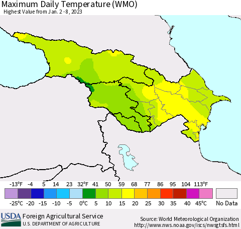 Azerbaijan, Armenia and Georgia Maximum Daily Temperature (WMO) Thematic Map For 1/2/2023 - 1/8/2023