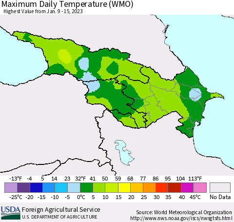 Azerbaijan, Armenia and Georgia Maximum Daily Temperature (WMO) Thematic Map For 1/9/2023 - 1/15/2023