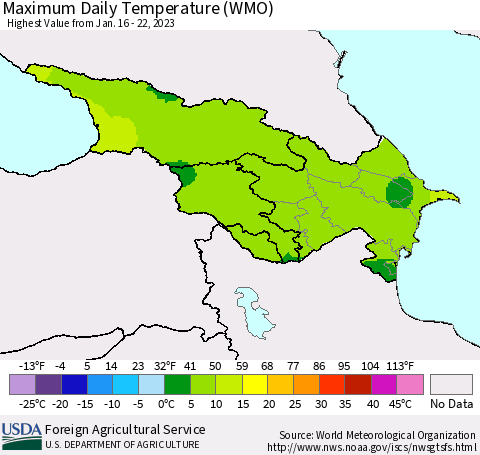 Azerbaijan, Armenia and Georgia Maximum Daily Temperature (WMO) Thematic Map For 1/16/2023 - 1/22/2023