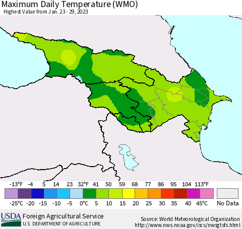 Azerbaijan, Armenia and Georgia Maximum Daily Temperature (WMO) Thematic Map For 1/23/2023 - 1/29/2023