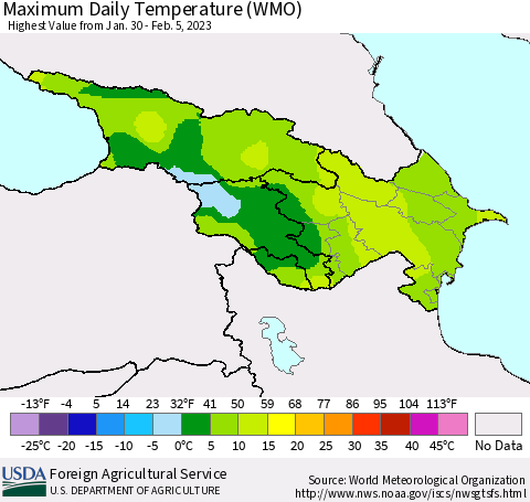 Azerbaijan, Armenia and Georgia Maximum Daily Temperature (WMO) Thematic Map For 1/30/2023 - 2/5/2023