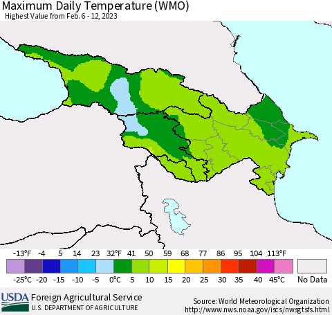 Azerbaijan, Armenia and Georgia Maximum Daily Temperature (WMO) Thematic Map For 2/6/2023 - 2/12/2023