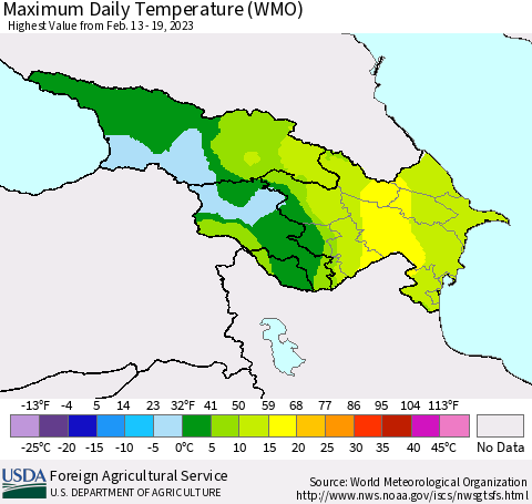 Azerbaijan, Armenia and Georgia Maximum Daily Temperature (WMO) Thematic Map For 2/13/2023 - 2/19/2023