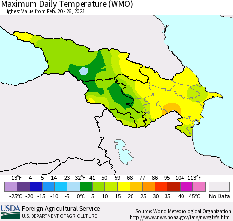 Azerbaijan, Armenia and Georgia Maximum Daily Temperature (WMO) Thematic Map For 2/20/2023 - 2/26/2023
