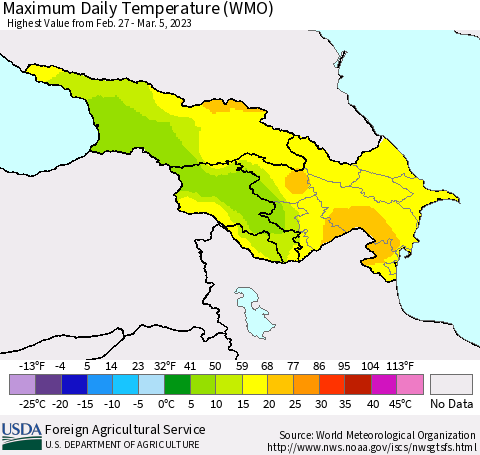 Azerbaijan, Armenia and Georgia Maximum Daily Temperature (WMO) Thematic Map For 2/27/2023 - 3/5/2023
