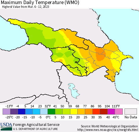 Azerbaijan, Armenia and Georgia Maximum Daily Temperature (WMO) Thematic Map For 3/6/2023 - 3/12/2023