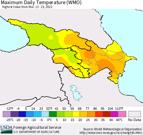 Azerbaijan, Armenia and Georgia Maximum Daily Temperature (WMO) Thematic Map For 3/13/2023 - 3/19/2023