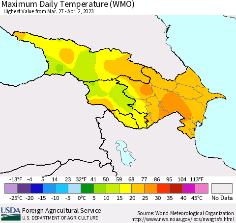 Azerbaijan, Armenia and Georgia Maximum Daily Temperature (WMO) Thematic Map For 3/27/2023 - 4/2/2023