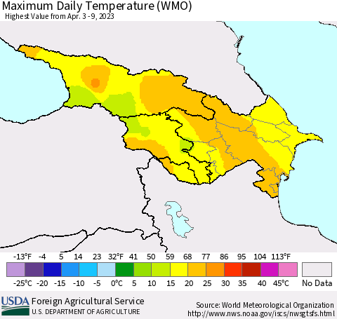 Azerbaijan, Armenia and Georgia Maximum Daily Temperature (WMO) Thematic Map For 4/3/2023 - 4/9/2023