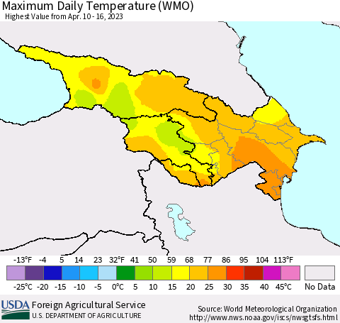 Azerbaijan, Armenia and Georgia Maximum Daily Temperature (WMO) Thematic Map For 4/10/2023 - 4/16/2023