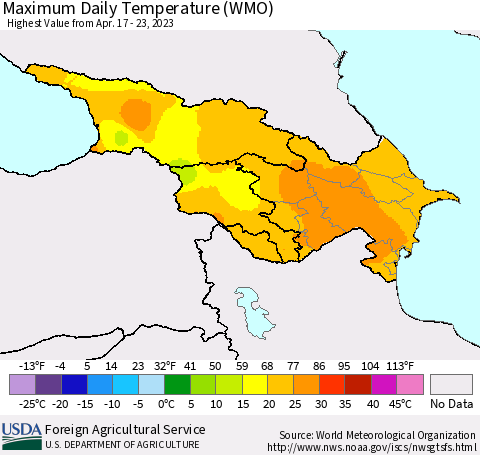 Azerbaijan, Armenia and Georgia Maximum Daily Temperature (WMO) Thematic Map For 4/17/2023 - 4/23/2023