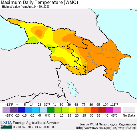 Azerbaijan, Armenia and Georgia Maximum Daily Temperature (WMO) Thematic Map For 4/24/2023 - 4/30/2023
