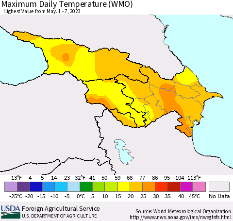 Azerbaijan, Armenia and Georgia Maximum Daily Temperature (WMO) Thematic Map For 5/1/2023 - 5/7/2023