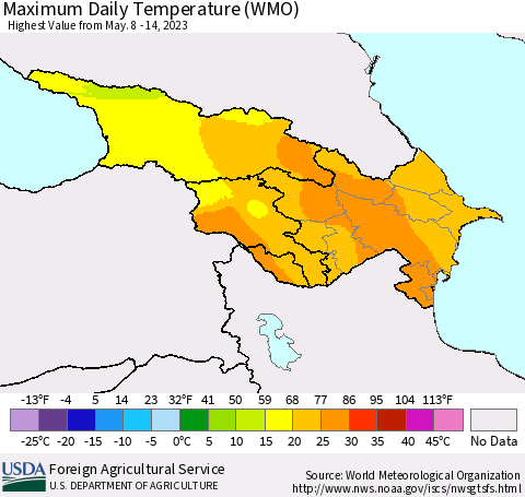 Azerbaijan, Armenia and Georgia Maximum Daily Temperature (WMO) Thematic Map For 5/8/2023 - 5/14/2023