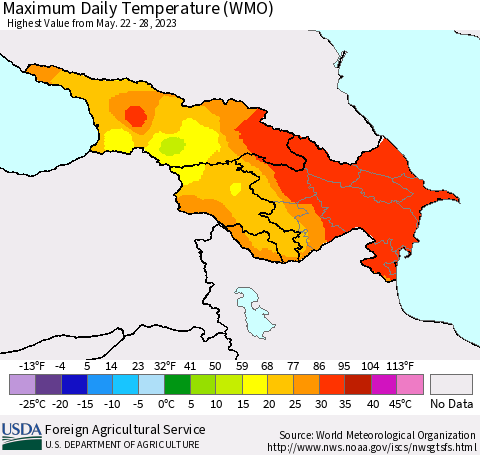 Azerbaijan, Armenia and Georgia Maximum Daily Temperature (WMO) Thematic Map For 5/22/2023 - 5/28/2023