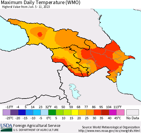 Azerbaijan, Armenia and Georgia Maximum Daily Temperature (WMO) Thematic Map For 6/5/2023 - 6/11/2023