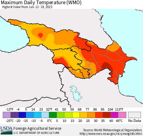 Azerbaijan, Armenia and Georgia Maximum Daily Temperature (WMO) Thematic Map For 6/12/2023 - 6/18/2023