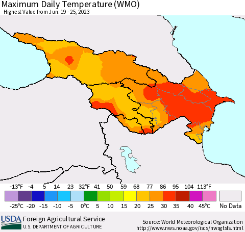 Azerbaijan, Armenia and Georgia Maximum Daily Temperature (WMO) Thematic Map For 6/19/2023 - 6/25/2023