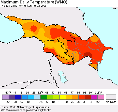 Azerbaijan, Armenia and Georgia Maximum Daily Temperature (WMO) Thematic Map For 6/26/2023 - 7/2/2023