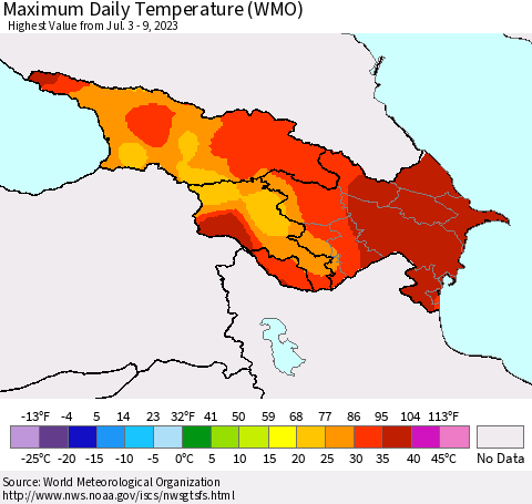Azerbaijan, Armenia and Georgia Maximum Daily Temperature (WMO) Thematic Map For 7/3/2023 - 7/9/2023