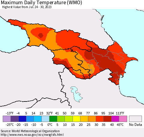 Azerbaijan, Armenia and Georgia Maximum Daily Temperature (WMO) Thematic Map For 7/24/2023 - 7/30/2023