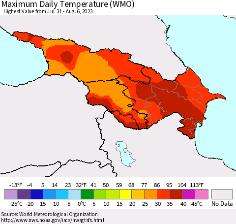 Azerbaijan, Armenia and Georgia Maximum Daily Temperature (WMO) Thematic Map For 7/31/2023 - 8/6/2023