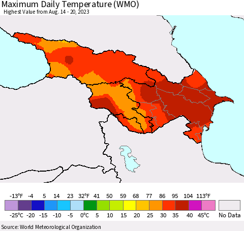 Azerbaijan, Armenia and Georgia Maximum Daily Temperature (WMO) Thematic Map For 8/14/2023 - 8/20/2023