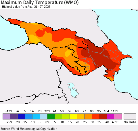 Azerbaijan, Armenia and Georgia Maximum Daily Temperature (WMO) Thematic Map For 8/21/2023 - 8/27/2023