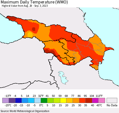 Azerbaijan, Armenia and Georgia Maximum Daily Temperature (WMO) Thematic Map For 8/28/2023 - 9/3/2023