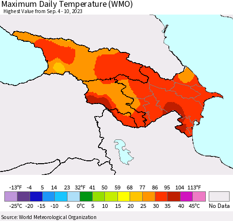 Azerbaijan, Armenia and Georgia Maximum Daily Temperature (WMO) Thematic Map For 9/4/2023 - 9/10/2023