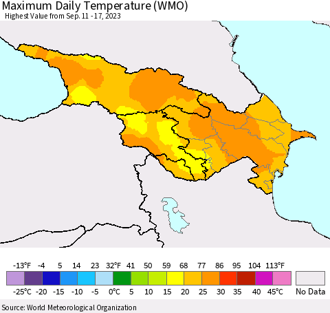 Azerbaijan, Armenia and Georgia Maximum Daily Temperature (WMO) Thematic Map For 9/11/2023 - 9/17/2023